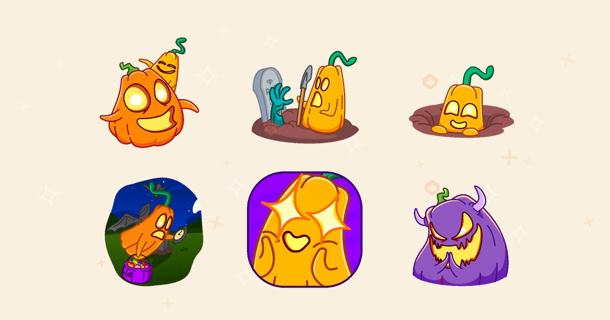 Pack de stickers de calabazas con distintas expresiones: abrazándose, enfadada, bruja volando y glamurosa