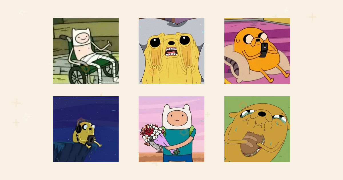Stickers de Hora de Aventura con Finn, Jake y la Princesa Chicle mostrando distintos estados de ánimo