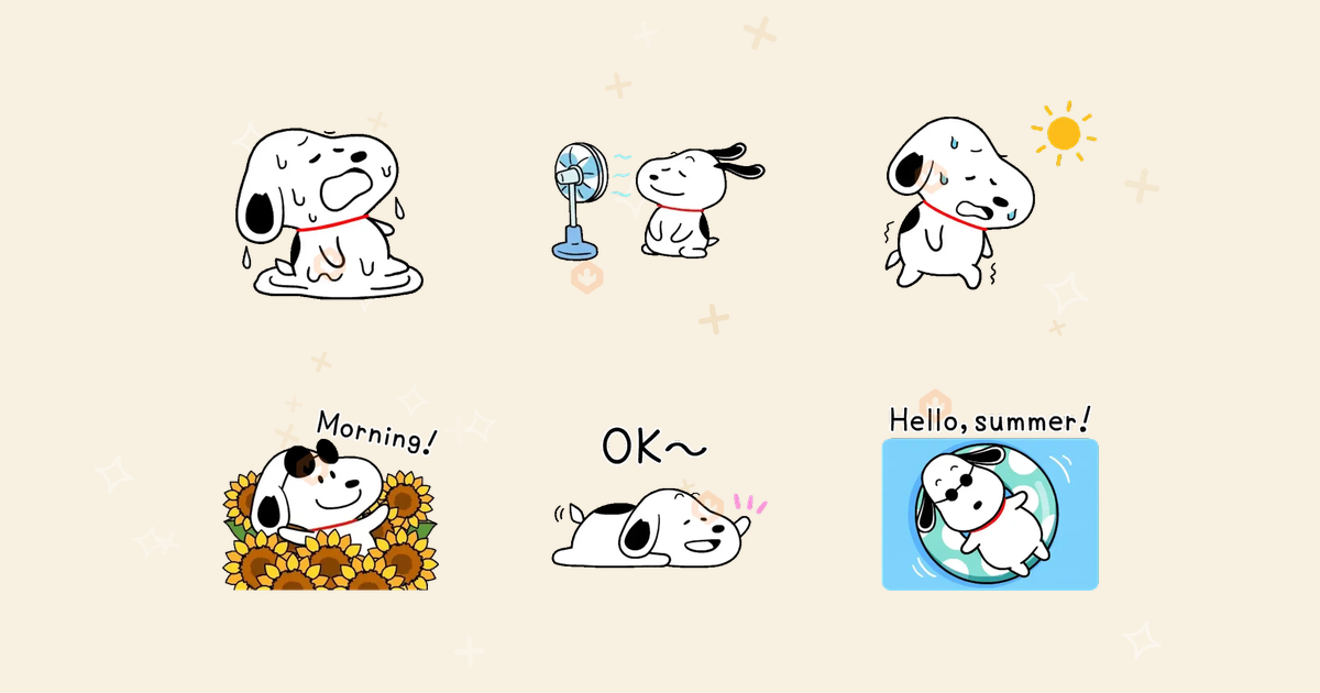 Stickers de Snoopy en actitud veraniega, con expresiones de calor, alivio y diversión para chats de WhatsApp y Telegram