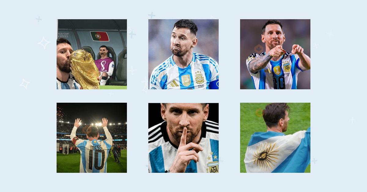 Stickers de Lionel Messi celebrando con la Copa del Mundo y expresiones de emoción para WhatsApp y Telegram