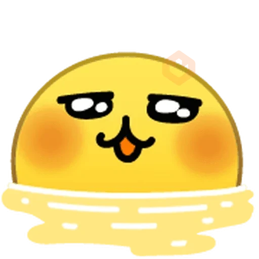 Emoji amarillo con ojos entrecerrados de sospecha o malicia, sonrisa pícara, con la mitad inferior como derretida o sumergida en un charco amarillo.