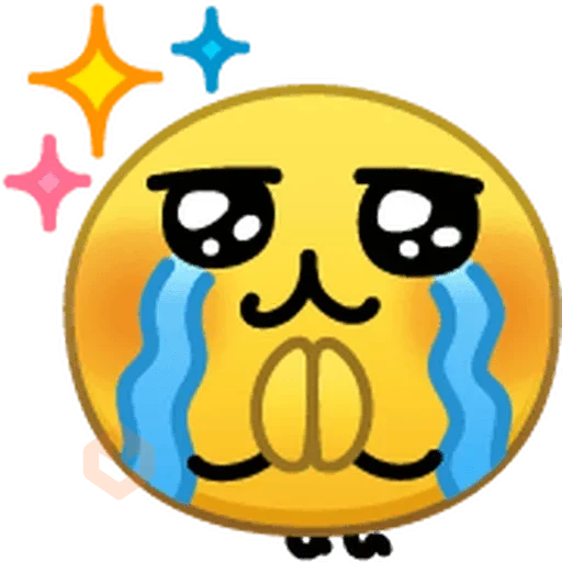 Emoji amarillo con ojos grandes brillantes llorando a mares, manitas juntas como suplicando, con destellos de colores (rosa, amarillo, azul) alrededor.
