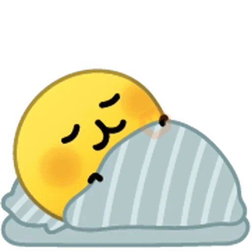 Emoji amarillo dormido con ojos cerrados, envuelto en una cobija azul a rayas, expresión de sueño plácido.