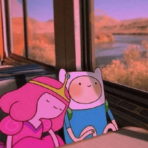 La Princesa Chicle y Finn sentados juntos junto a una ventana con paisaje de atardecer otoñal, ella apoyada en él
