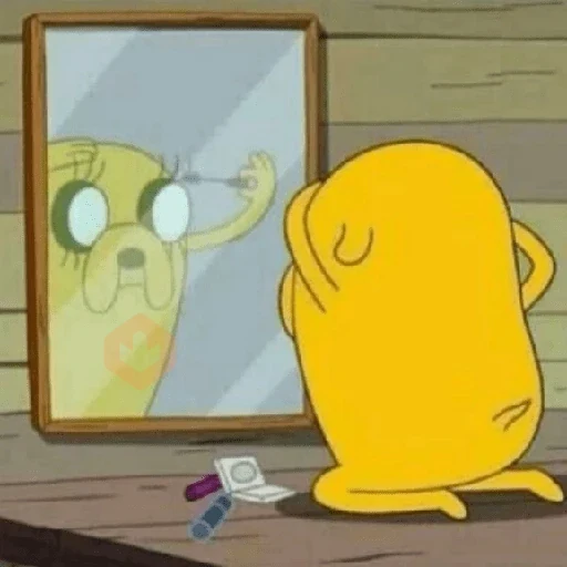 Jake mirándose al espejo donde su reflejo aparece verdoso y con cara de muerto o enfermo, con un bote de crema en el suelo