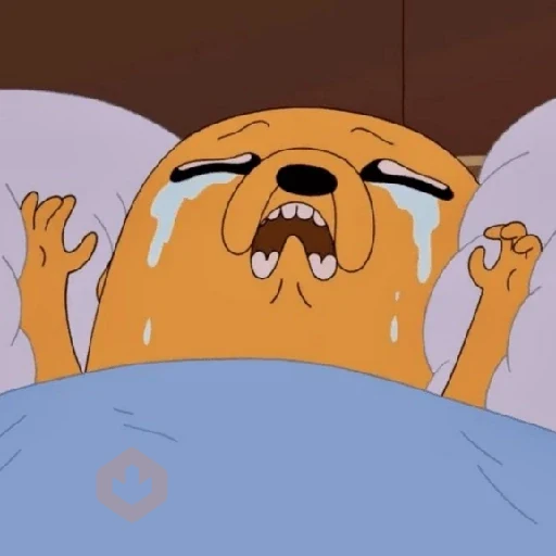 Jake llorando a gritos en la cama, con lágrimas enormes, boca abierta y brazos levantados en pleno berrinche